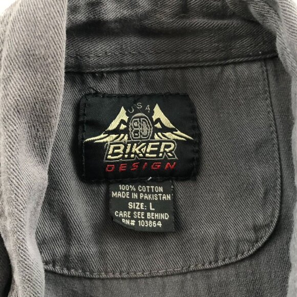 Biker Design Mens Shirt Large Graphic Prinnt Top Gray Sleeveless Button Up Y2K - Picture 3 of 9